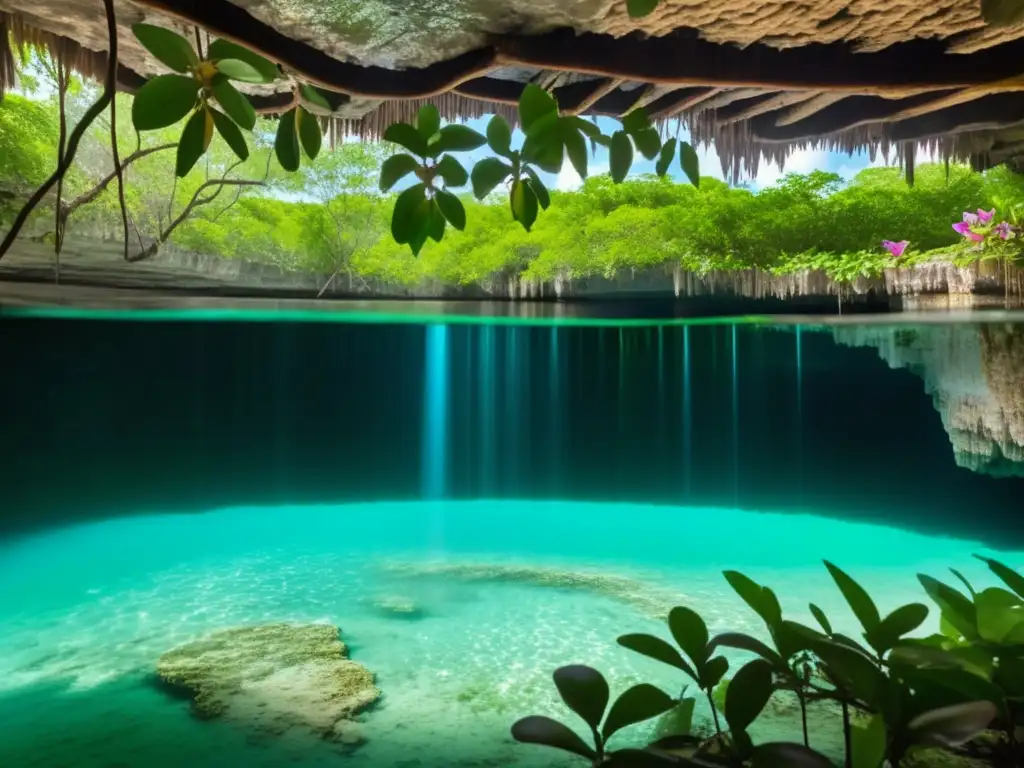 Festivales mayas en cenotes sagrados: una imagen fascinante que muestra un majestuoso cenote en la exuberante jungla de la Península de Yucatán