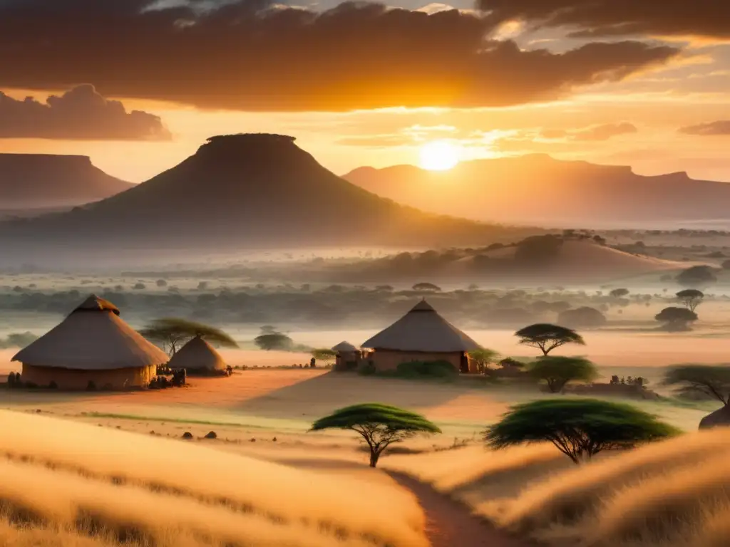 Paisaje africano al atardecer con aldeas tradicionales y festivales sagrados