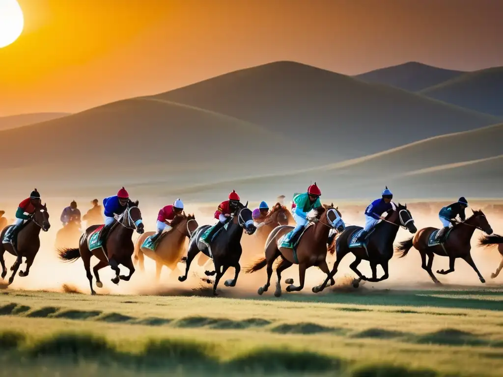 Festival Carreras Caballos Mongolia: Majestuosos caballos galopan en vastas praderas, mientras el sol se pone en un espectáculo de colores dorados