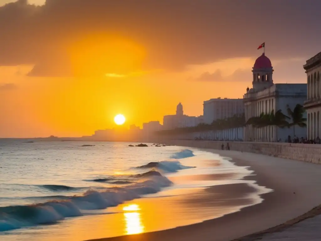 Atardecer dorado en el Malecón de La Habana, Cuba