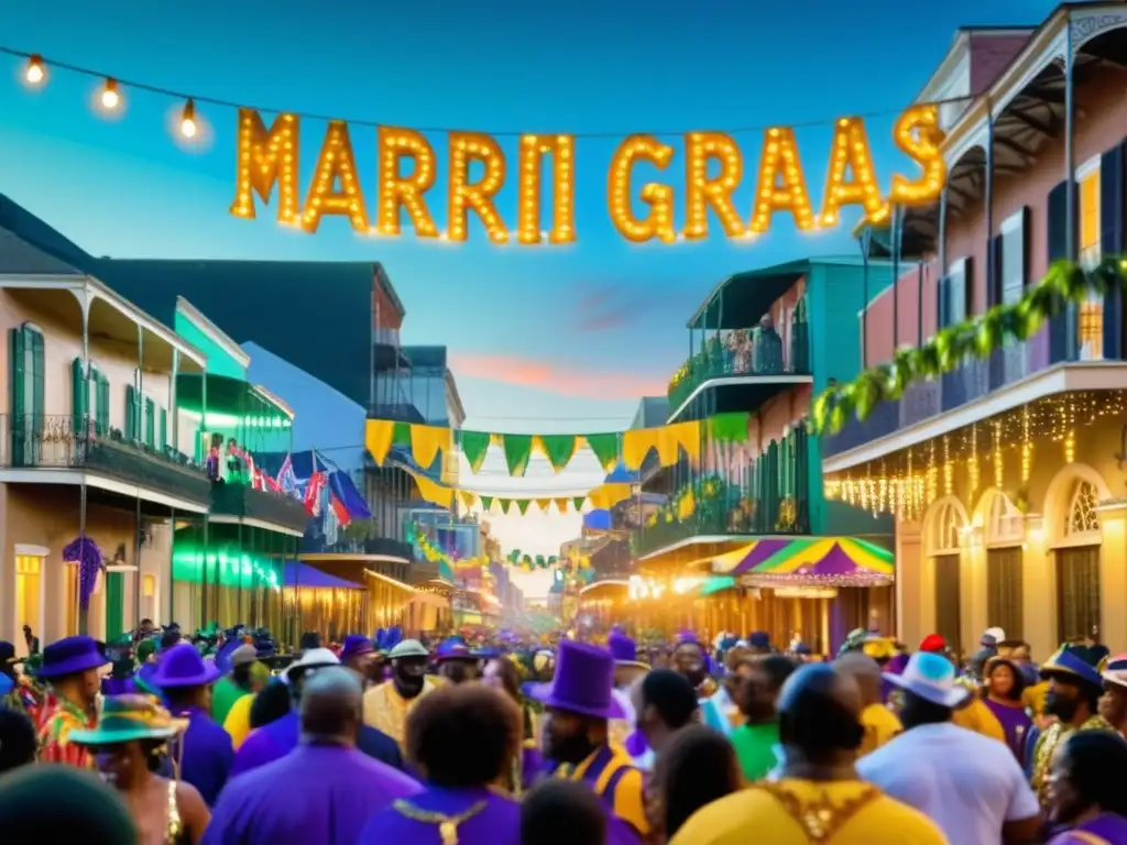 Escena vibrante de Mardi Gras en Nueva Orleans: Origen religioso del festival con coloridos disfraces y música alegre