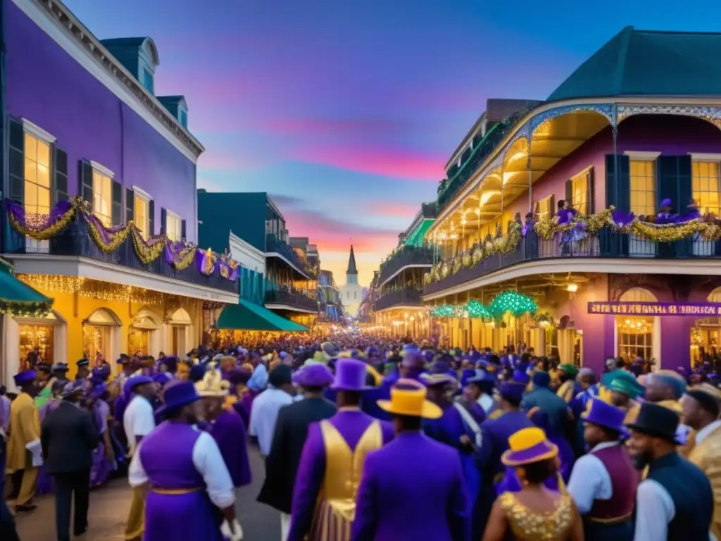 Escena vibrante de Mardi Gras en Nueva Orleans con vestuario tradicional (110 caracteres)