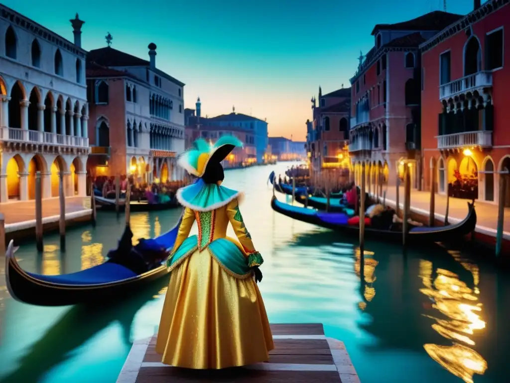 Carnaval Venecia: Escena surrealista del Carnaval de Venecia, con góndolas, máscaras y arquitectura vibrante