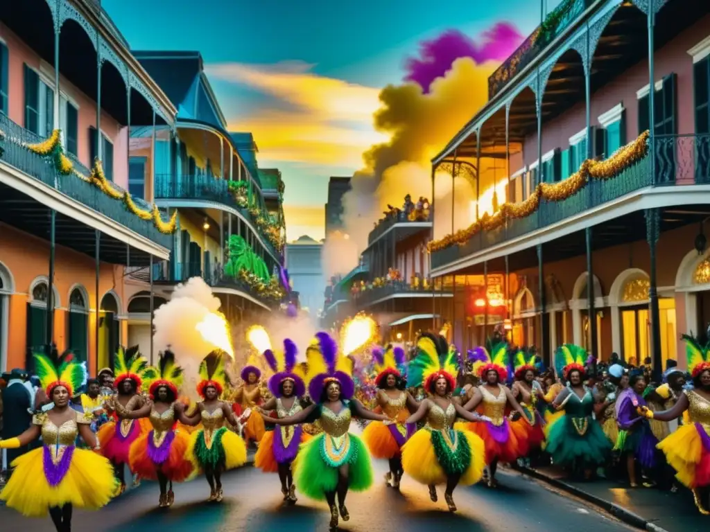 Vestuario Mardi Gras tradicional en vibrante escena callejera de Nueva Orleans durante Mardi Gras, con colores, energía y misterio