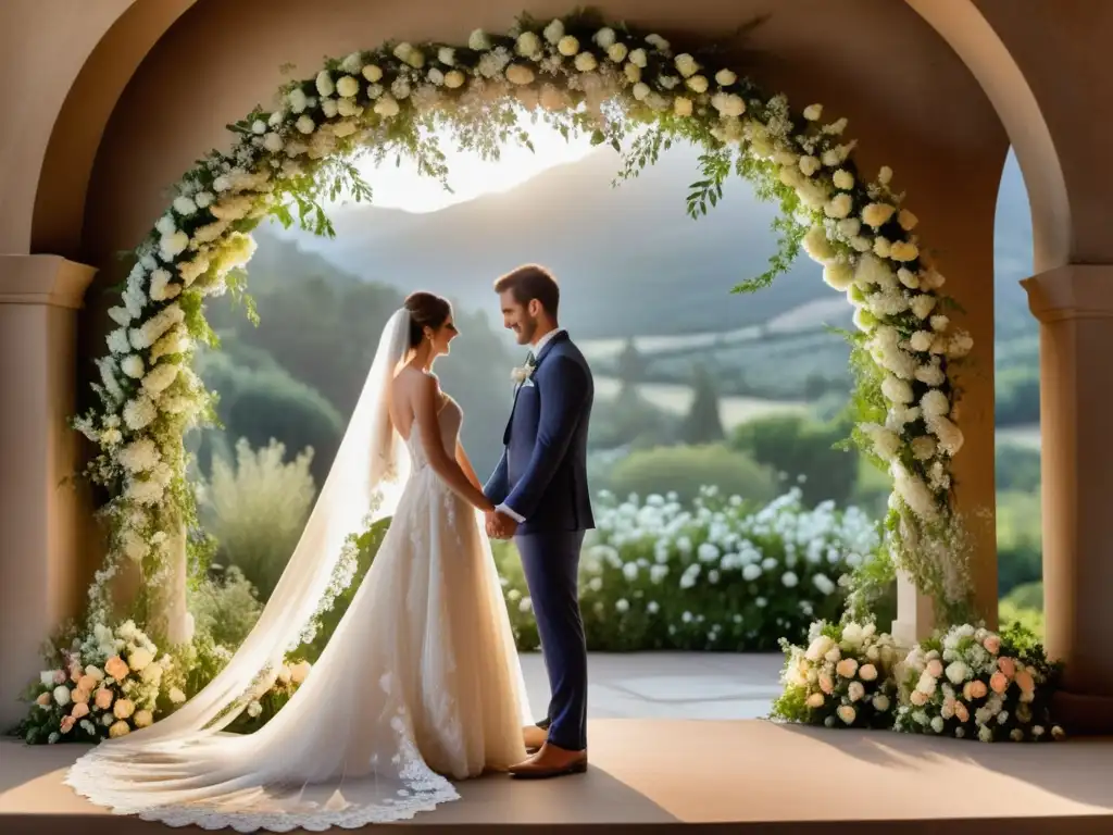 Pareja de novios bajo un arco adornado con flores, evocando tradiciones matrimoniales alrededor del mundo