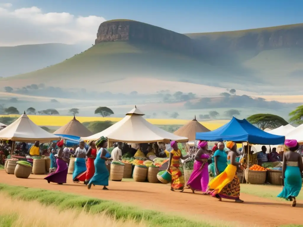 Tradición y festividad en un vibrante mercado africano con coloridos textiles, arte y frutas frescas