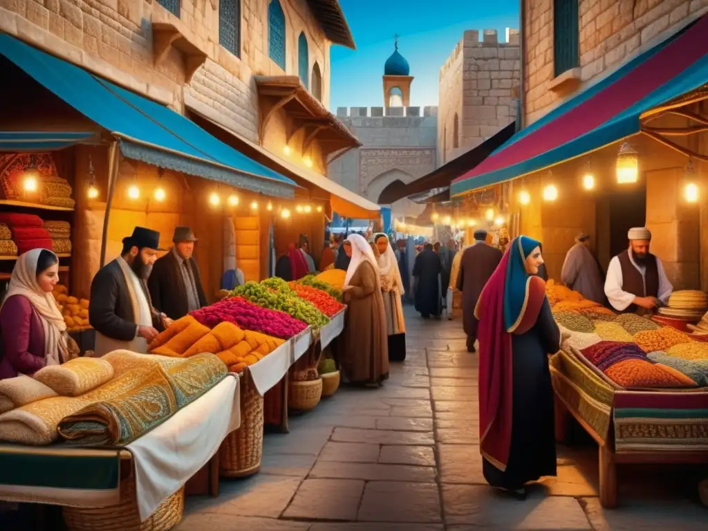 Tradiciones festivas judías históricas: Mercado antiguo en Jerusalem con trajes tradicionales y arquitectura impresionante