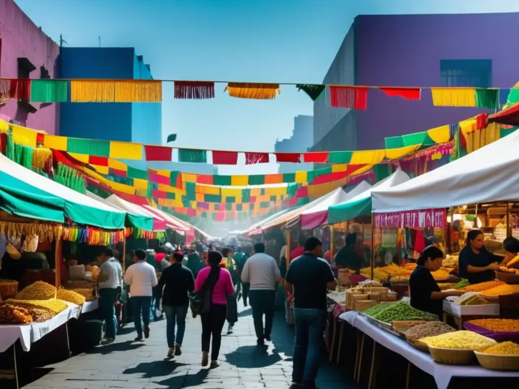 Celebraciones tradicionales gastronomía mundial en vibrante mercado callejero de Ciudad de México