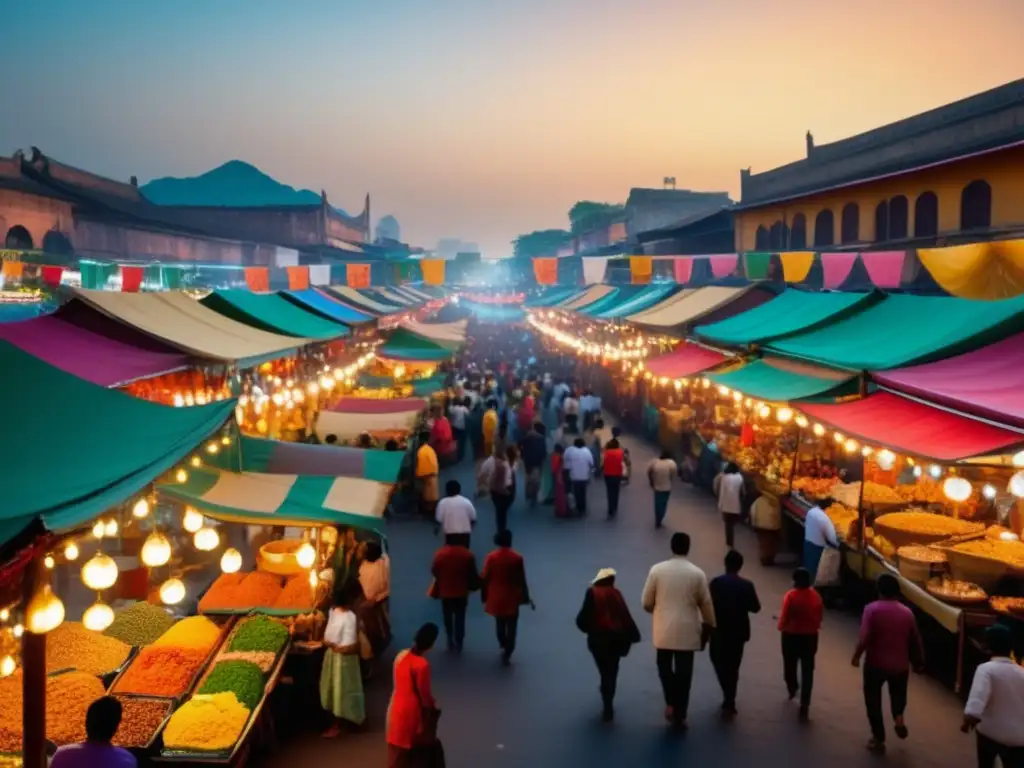 Evolución festivales y gastronomía: mercado vibrante, colores, delicias culinarias, aromas, chefs habilidosos, conexión atemporal