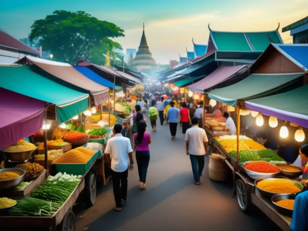 Festival comida callejera Tailandia: escena vibrante y colorida de un bullicioso mercado callejero durante un festival gastronómico