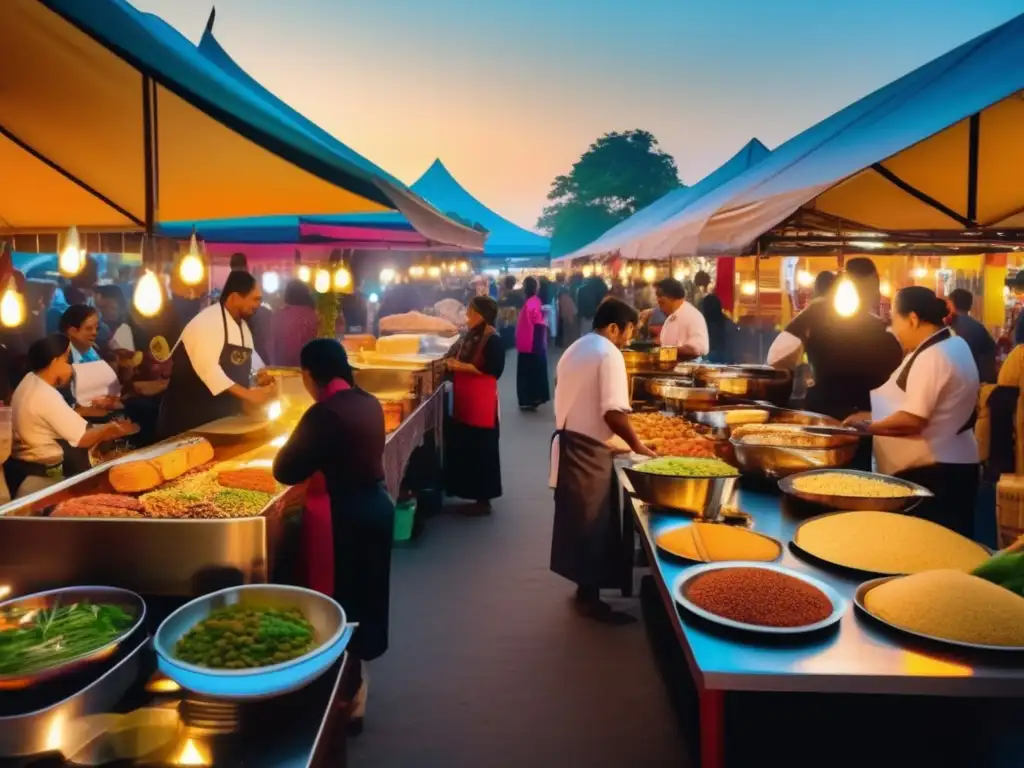 Celebraciones gastronomía mundial en vibrante mercado callejero al atardecer, con exquisitos platos de diferentes culturas