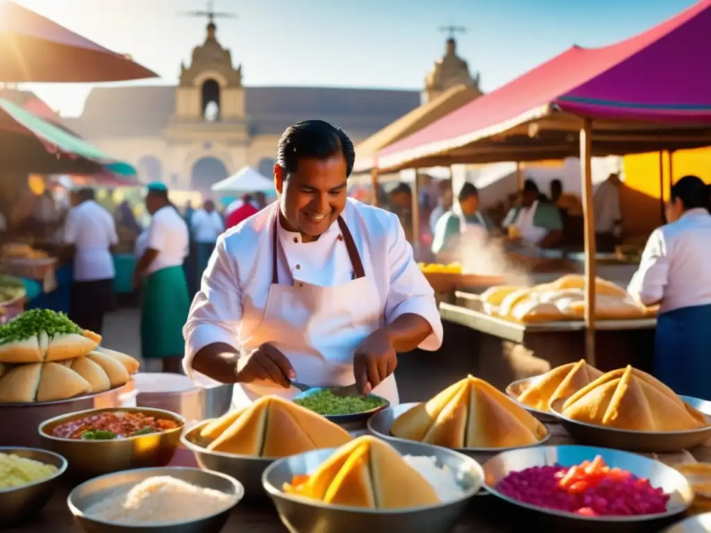 Festival gastronomía peruana tradicional en vibrante mercado al aire libre, lleno de colores y aromas, rodeado de montañas nevadas