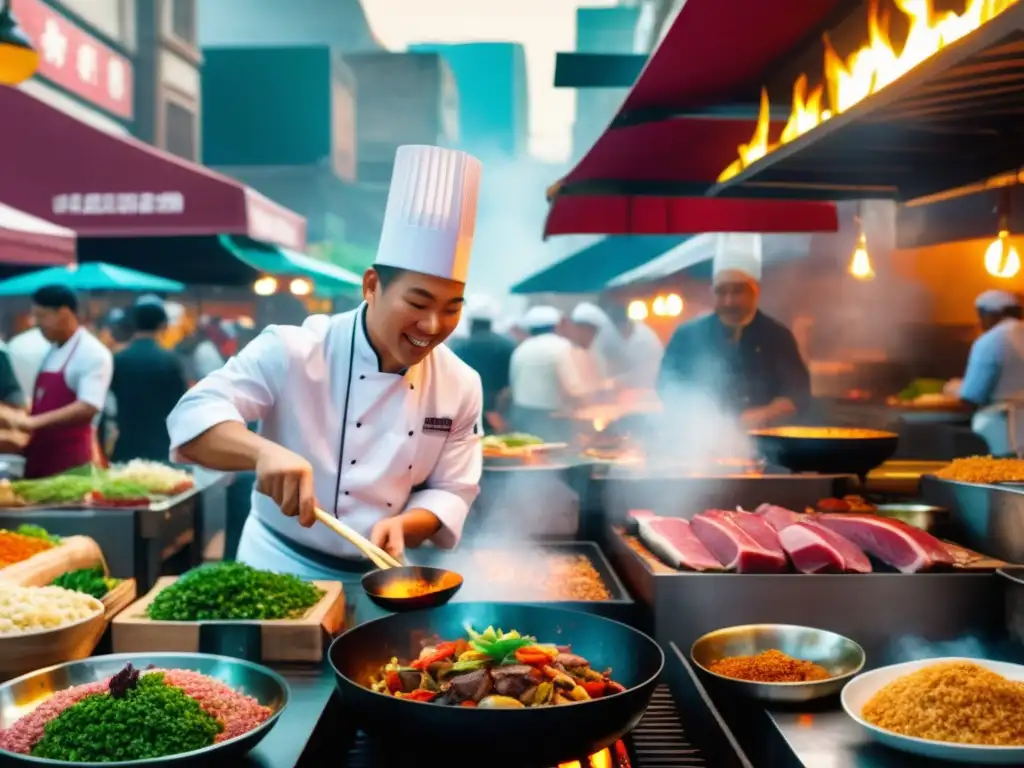 Festividades gastronomía mundial en un mercado de alimentos vibrante con colores vibrantes y una variedad diversa de cocinas de todo el mundo