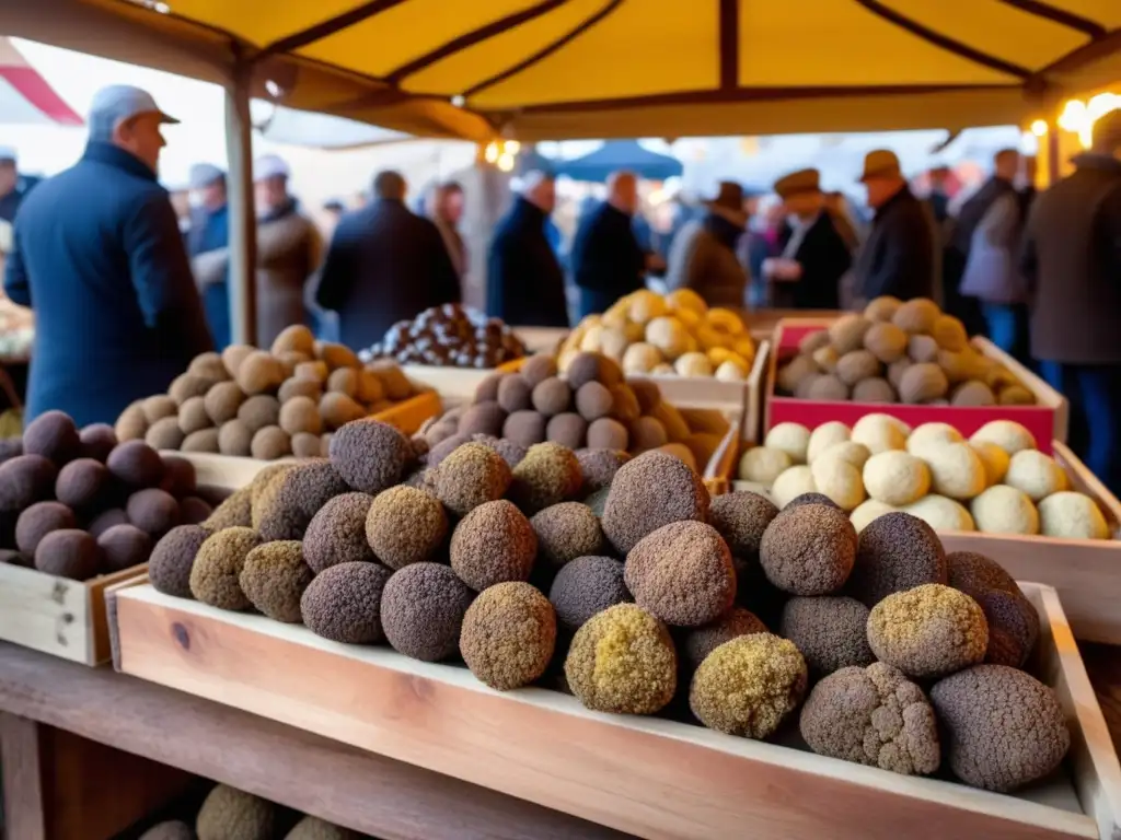 Festival Trufa Alba Italia: mercado vibrante, trufas frescas, colores vivos, aromas y alegría