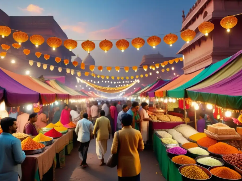 Un animado mercado indio durante Diwali, llena de colores vibrantes y luces brillantes