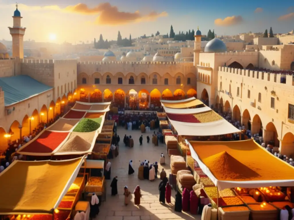 Tradiciones festivas judías históricas en un bullicioso mercado en la antigua Jerusalén, bañado por cálida luz y vibrante ambiente