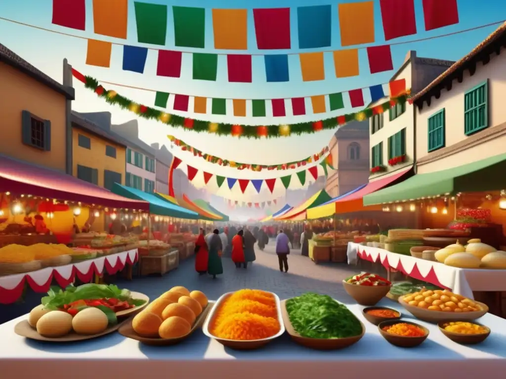 Tradiciones culinarias festivas en el mundo: una escena etérea y vibrante en una plaza de mercado llena de color y diversidad cultural