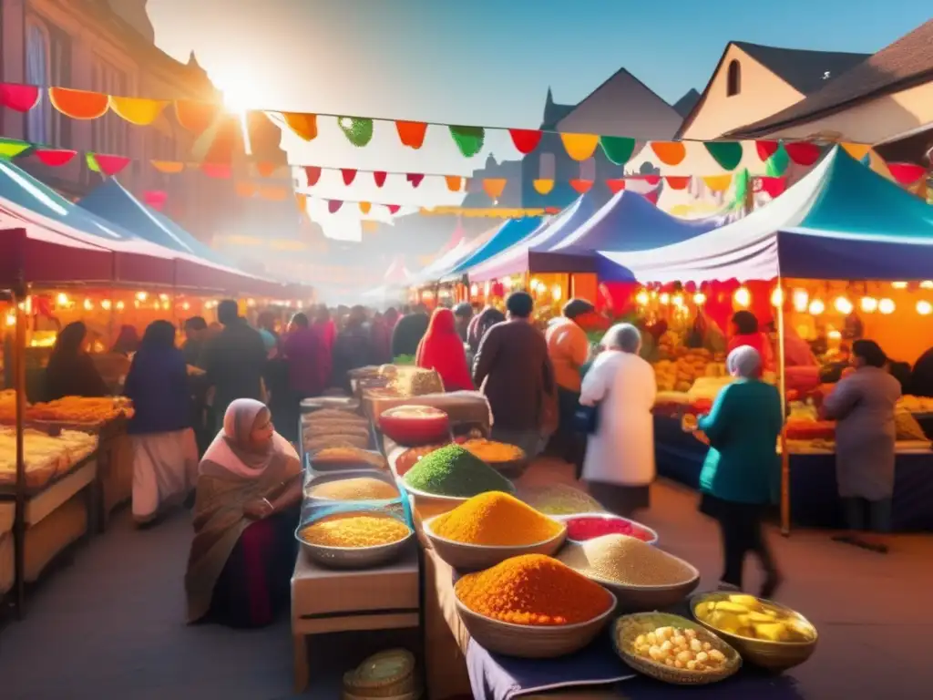 Celebración gastronómica mundial en mercado vibrante