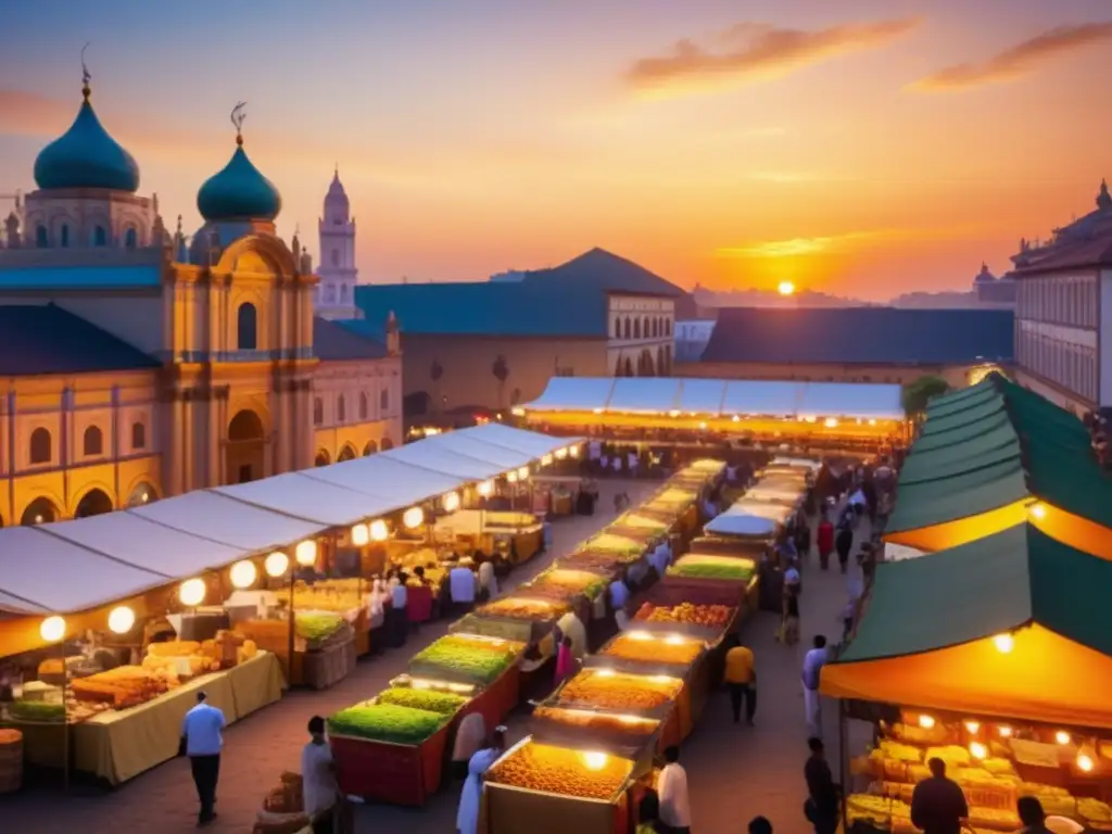 Impresionante mercado gastronómico al atardecer: comidas tradicionales festivales mundo