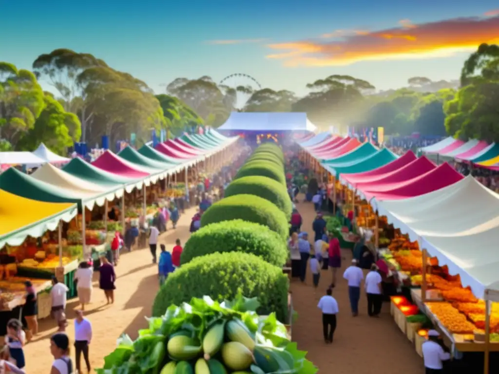 Comidas tradicionales festivales Australia - Escena vibrante de un mercado gastronómico en un festival australiano