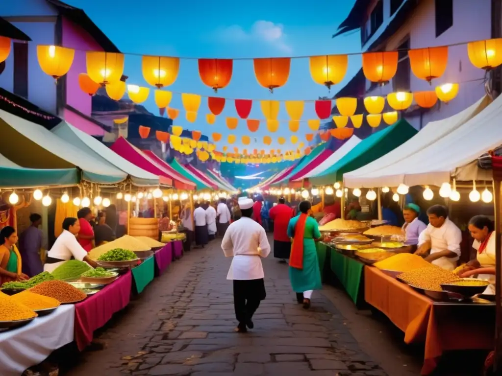 Escena vibrante de un mercado festivo, tradiciones gastronómicas festivas globales unen a la gente