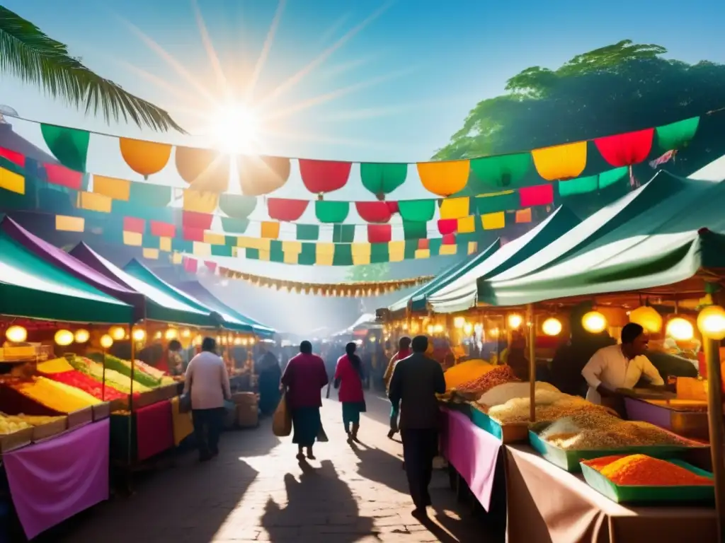 Mercado festivo con tradiciones gastronómicas globales