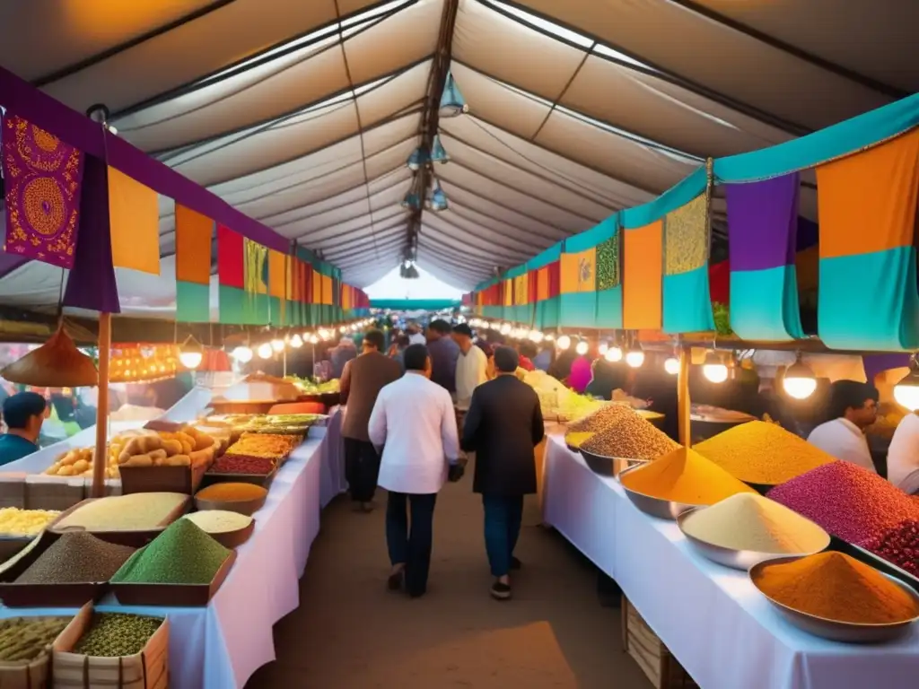 Transformación gastronomía festividades globales - Mercado vibrante colmado de delicias culinarias de todo el mundo, fusionando tradición e innovación