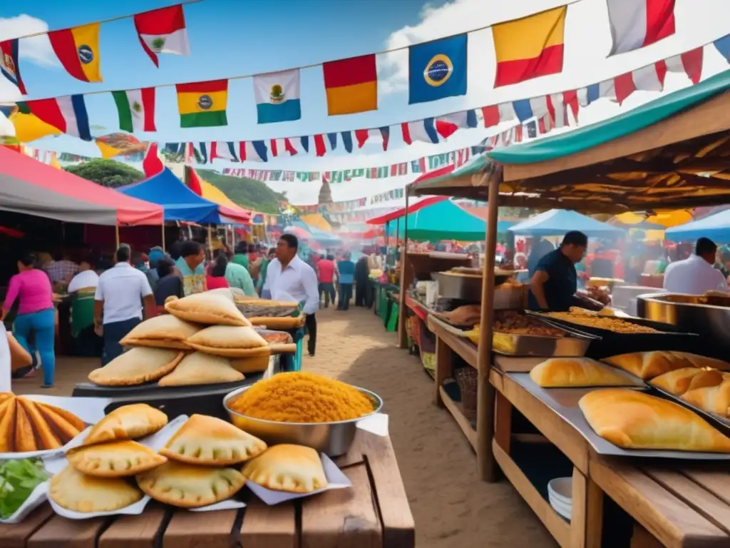 Gastronomía festiva tradicional en todo el mundo: Mercado al aire libre vibrante con coloridos puestos de comida, banderas y platos deliciosos