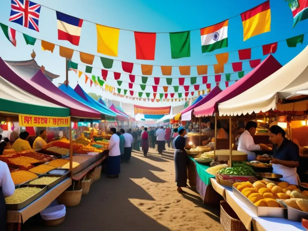 Mercado de comida en festival, colores vibrantes y ambiente animado