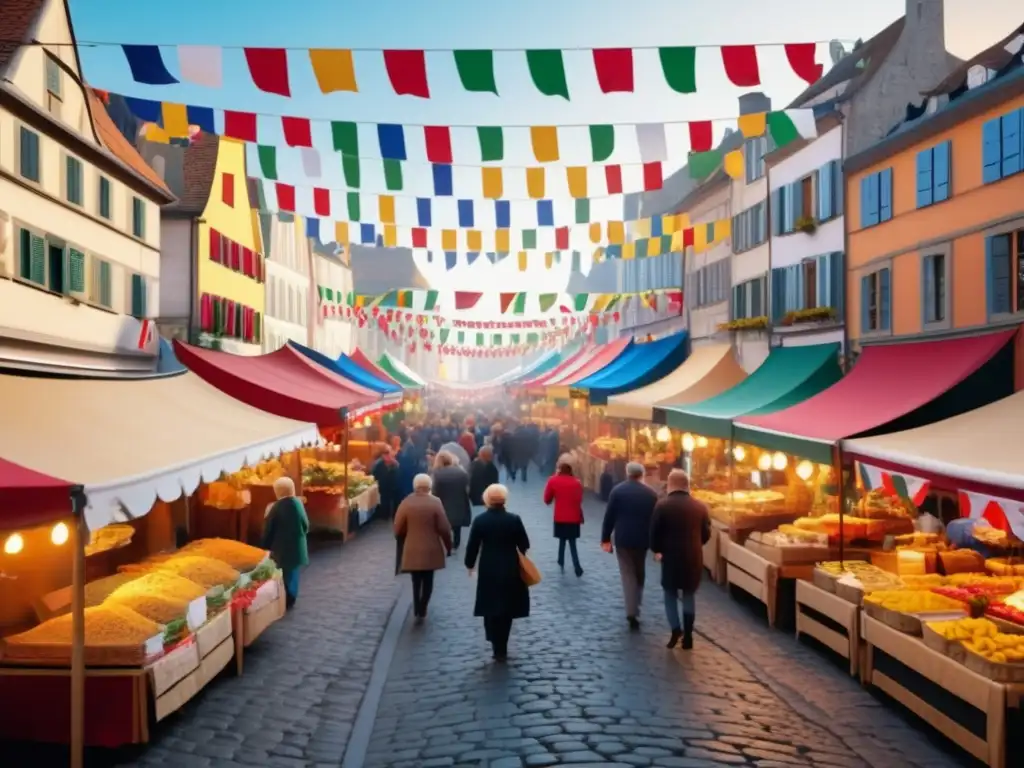 Celebración gastronomía mundial en vibrante mercado europeo con platos tradicionales y ambiente festivo