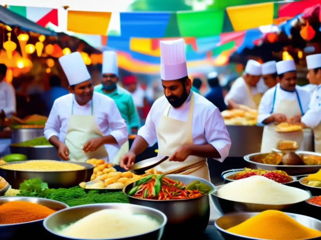 Tradiciones culinarias en festivales: escena vibrante de mercado de comida con chefs preparando platos y mujeres compartiendo recetas