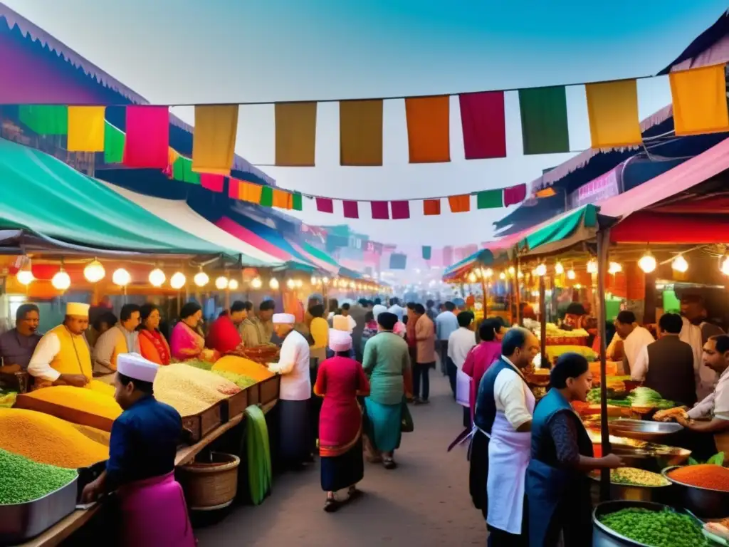 Impacto globalización en festivales gastronómicos: vibrante mercado lleno de puestos, colores, aromas y fusiones culinarias