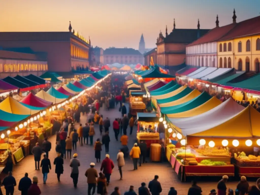 Descubre festivales tradicionales internacionales en un vibrante mercado de comida, con platos coloridos, aroma de especias y una atmósfera festiva