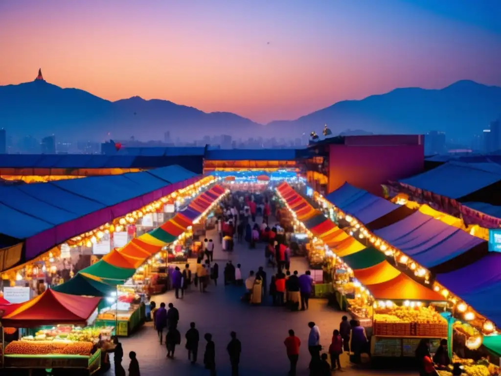 Mercado vibrante al atardecer, festivales emergentes diversidad culinaria