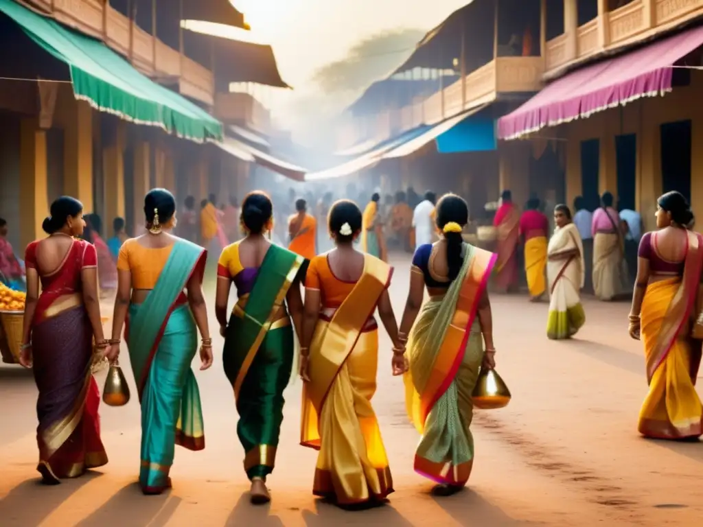 Significado simbólico de los saris indios - Vibrante mercado indio con mujeres luciendo coloridos saris, reflejando elegancia y tradición