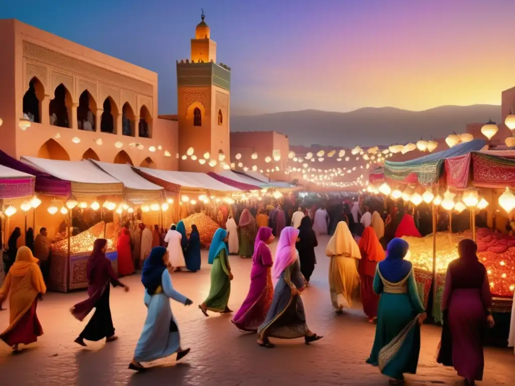 Mercado marroquí en Festival de Luces: indumentaria árabe, colores vibrantes y tradiciones (110 caracteres)