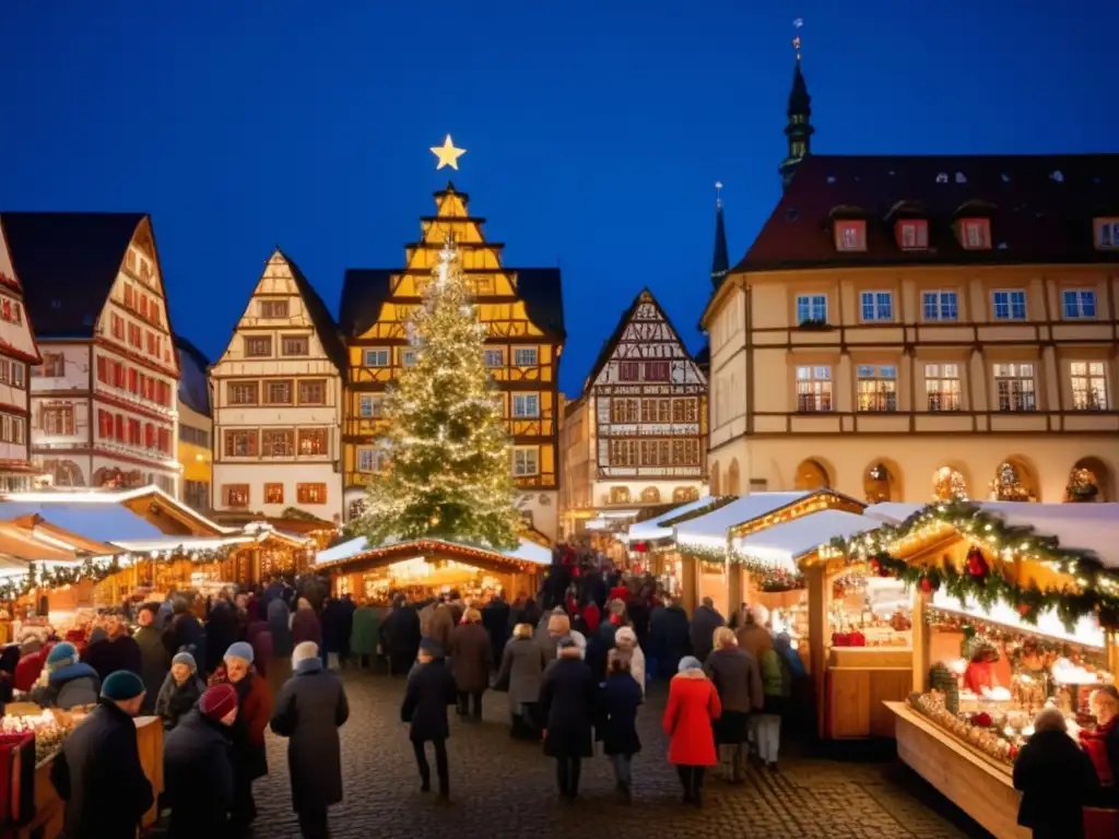 Tradiciones navideñas en Alemania: Mercado navideño con decoraciones coloridas, luces brillantes, artesanías y delicias alemanas