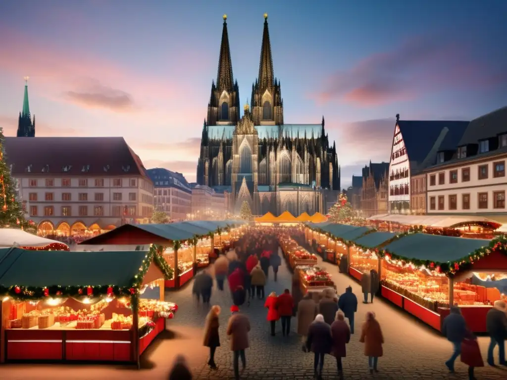 Tradiciones navideñas en Alemania: Mercado navideño en Colonia con la Catedral al fondo, comida típica alemana y ambiente mágico