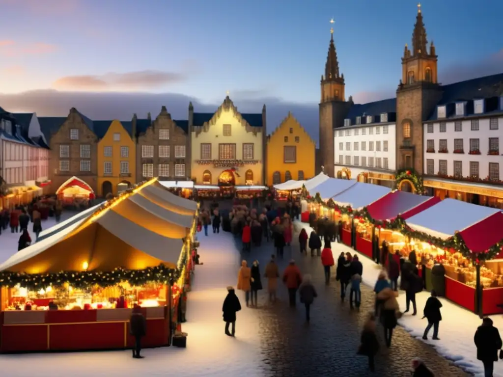 Festival tradicional en Edimburgo: Mercado Navideño en Plaza de Santa Ana, ambiente festivo con luces doradas, puestos de colores y nieve