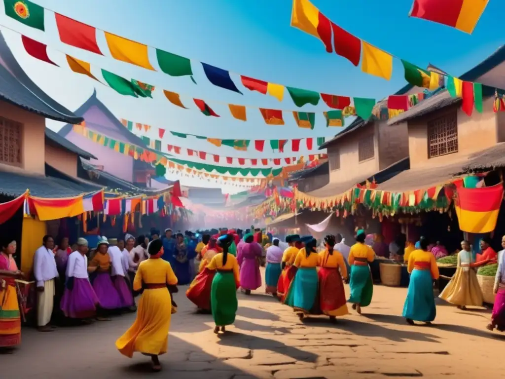 Celebraciones tradicionales alrededor del mundo: Mercado vibrante y colorido con danzas, música y artefactos históricos