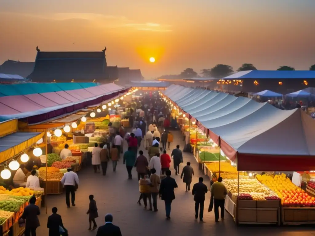 Impacto globalización: mercado gastronómico vibrante al atardecer con colores, sabores y culturas fusionados