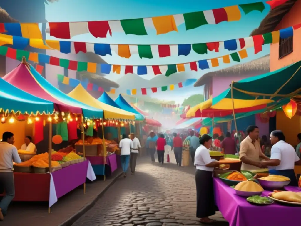 Escena festiva de la gastronomía en Latinoamérica con colores vibrantes y ambiente cálido