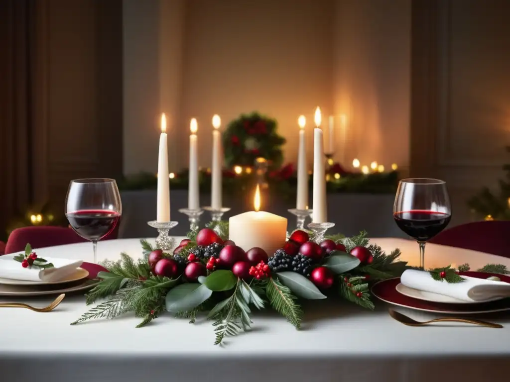 Tradiciones navideñas con vino: mesa festiva, decoración navideña, copas de vino, ambiente cálido y nevado