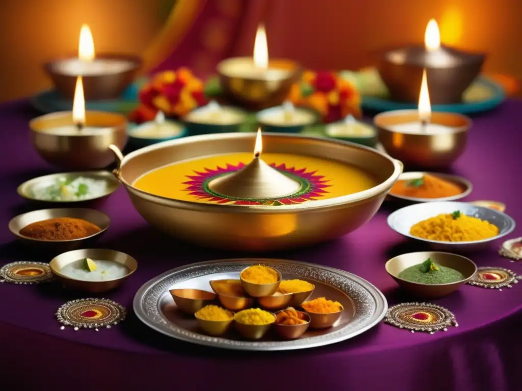 Mesa de Diwali decorada con colores vibrantes y platos tradicionales indios