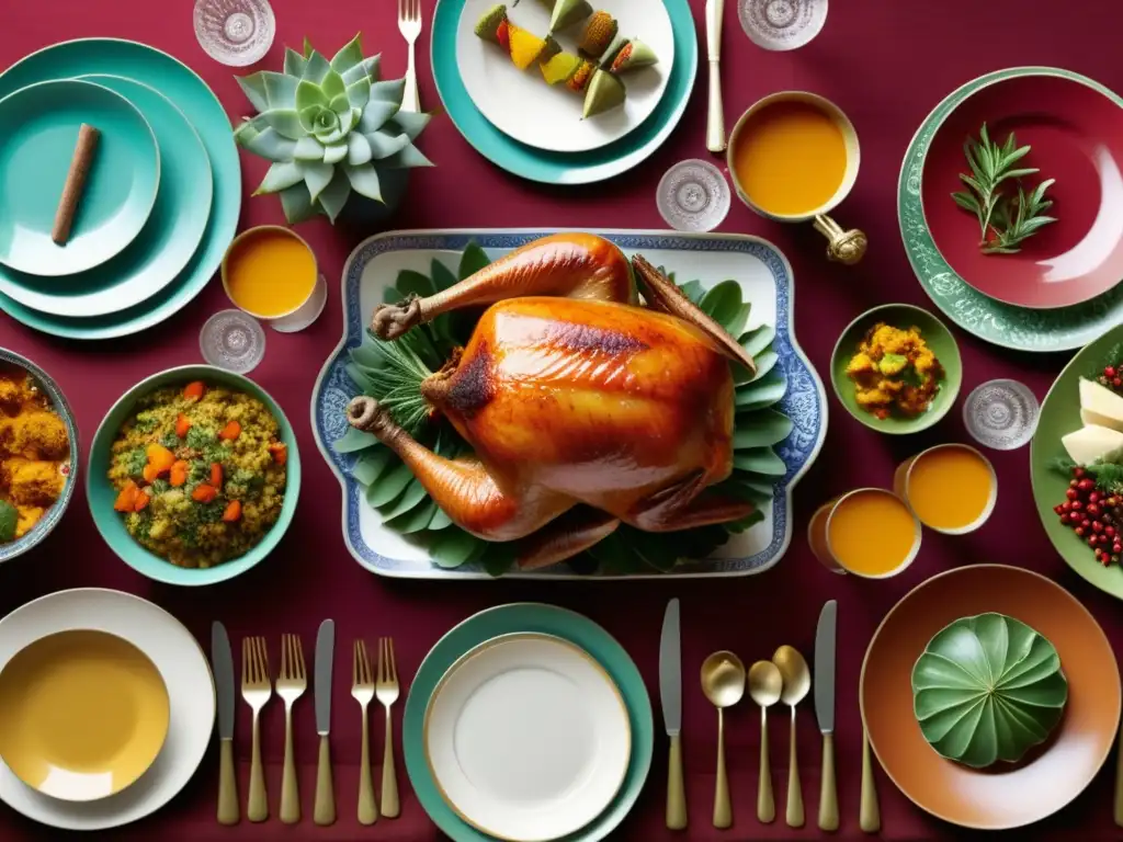 Tradiciones culinarias festivas en el mundo: mesa festiva con platos y decoración de diferentes culturas