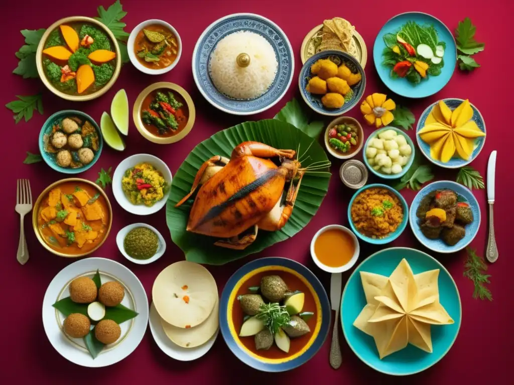 Tradiciones culinarias festivas en el mundo: mesa llena de platos tradicionales de distintas culturas y religiones, colorida y decorada