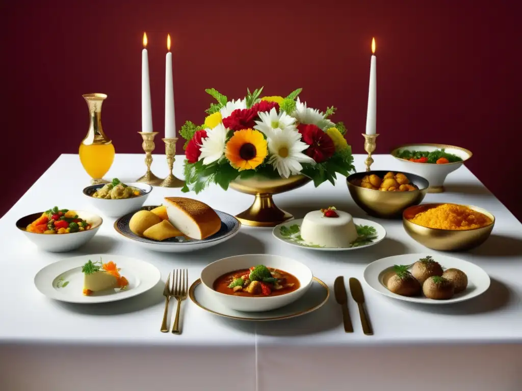 Mesa festiva con platos tradicionales representando celebraciones gastronómicas alrededor del mundo