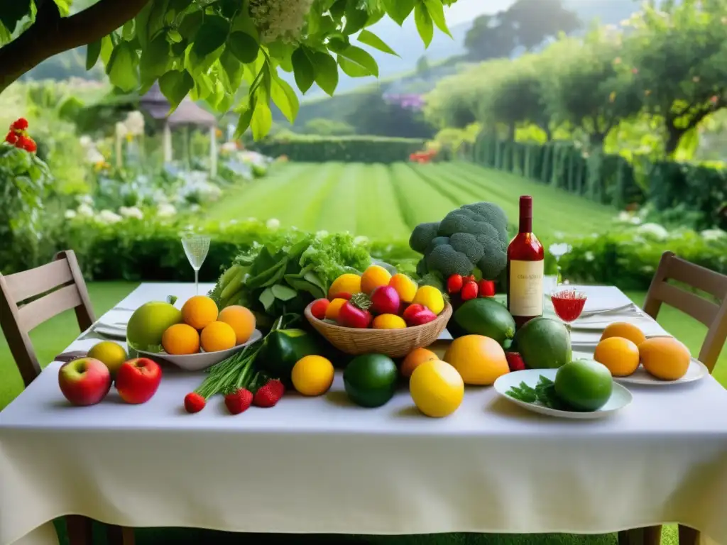 Mesa en jardín con frutas y verduras vibrantes, resalta salud y alimentación consciente