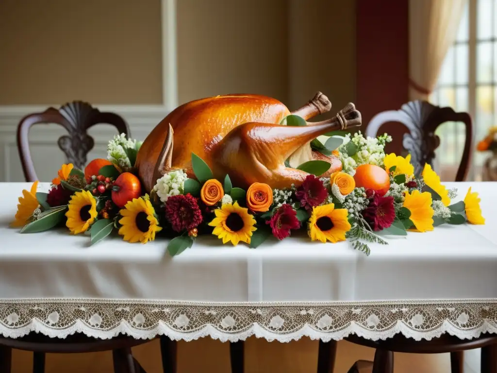 Mesa de Acción de Gracias con decoración elegante y abundantes platos tradicionales