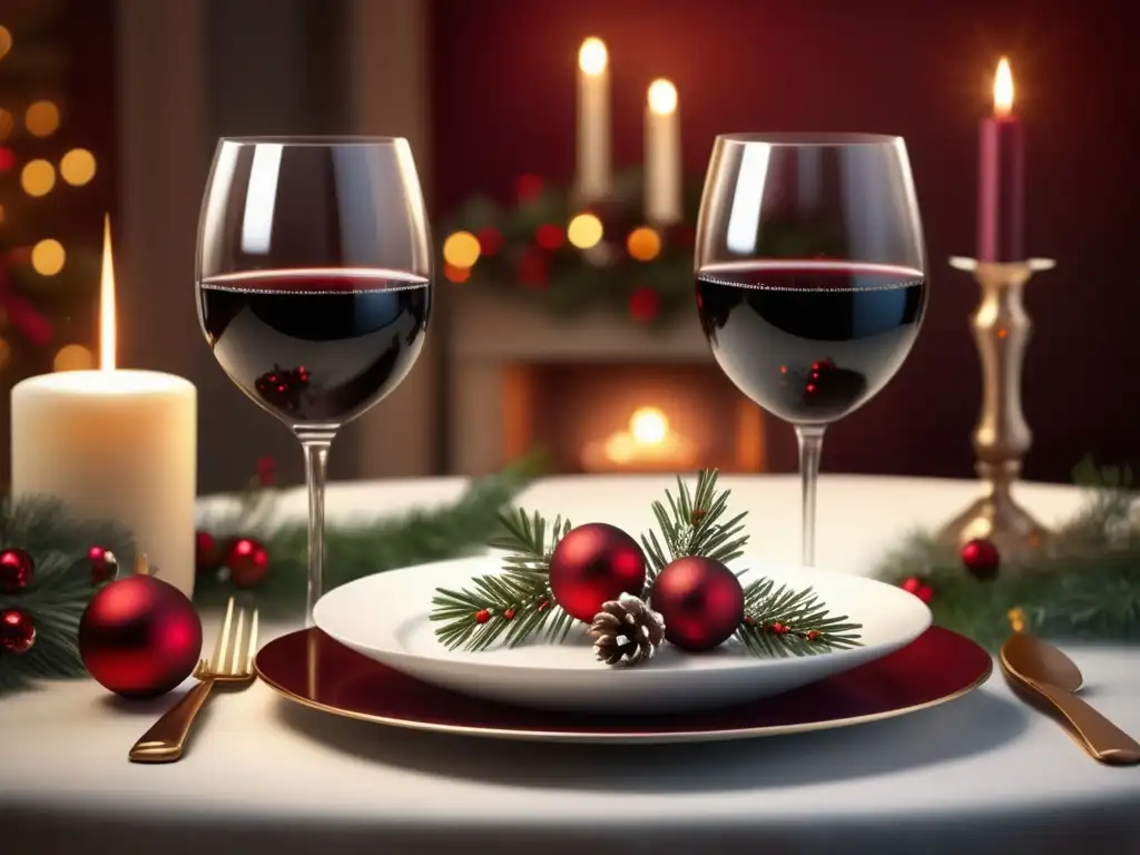 Tradiciones navideñas con vino: mesa festiva con copas de vino, velas, decoración y deliciosa comida